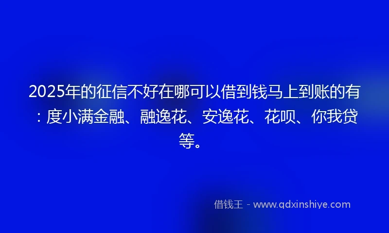 2025年的征信不好在哪可以借到钱马上到账的有：度小满金融、融逸花、安逸花、花呗、你我贷等。