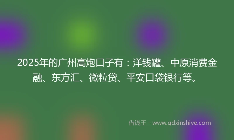 2025年的广州高炮口子有：洋钱罐、中原消费金融、东方汇、微粒贷、平安口袋银行等。