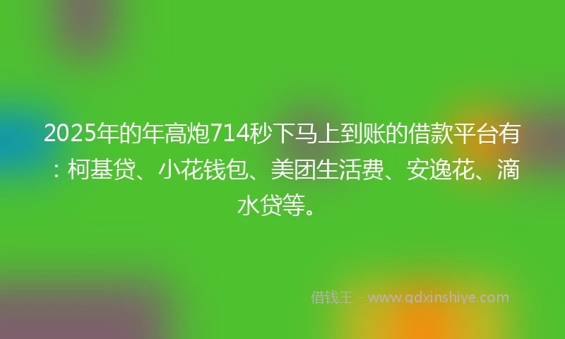 2025年的年高炮714秒下马上到账的借款平台有：柯基贷、小花钱包、美团生活费、安逸花、滴水贷等。