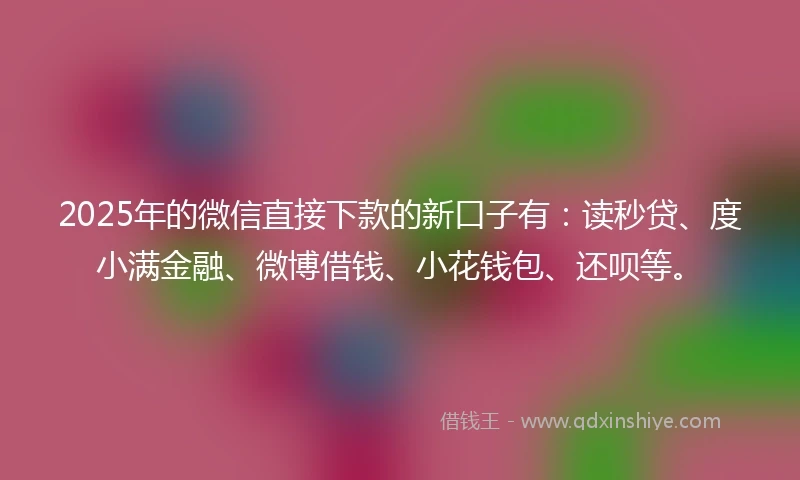 2025年的微信直接下款的新口子有：读秒贷、度小满金融、微博借钱、小花钱包、还呗等。