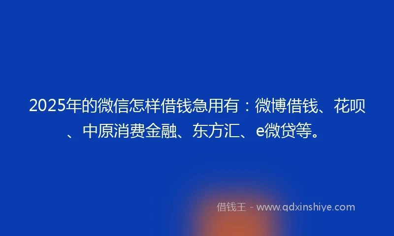 2025年的微信怎样借钱急用有:微博借钱、花呗、中原消费金融、东方汇、e微贷等。