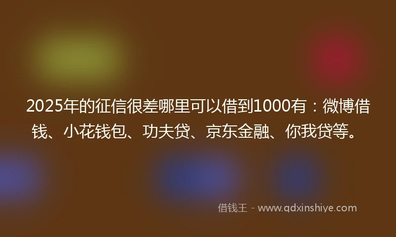 2025年的征信很差哪里可以借到1000有：微博借钱、小花钱包、功夫贷、京东金融、你我贷等。