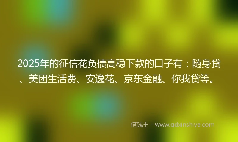 2025年的征信花负债高稳下款的口子有：随身贷、美团生活费、安逸花、京东金融、你我贷等。