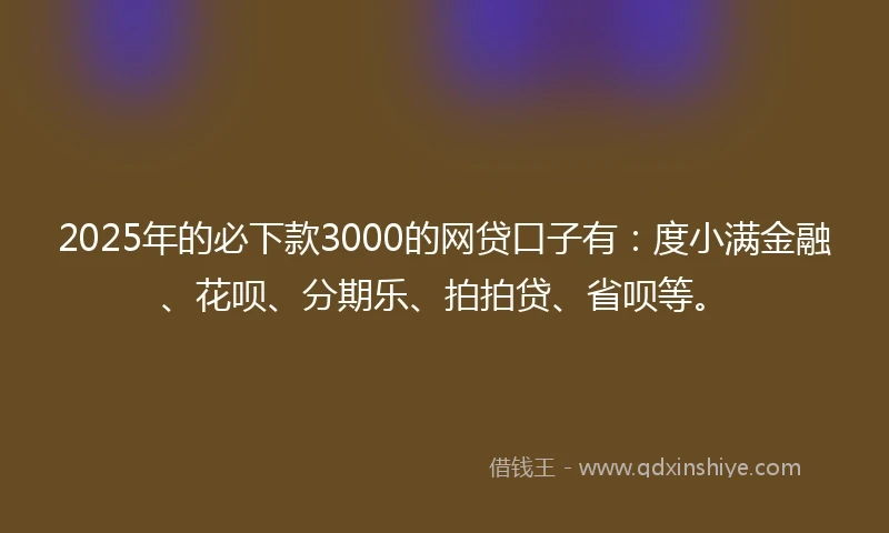 2025年的必下款3000的网贷口子有：度小满金融、花呗、分期乐、拍拍贷、省呗等。