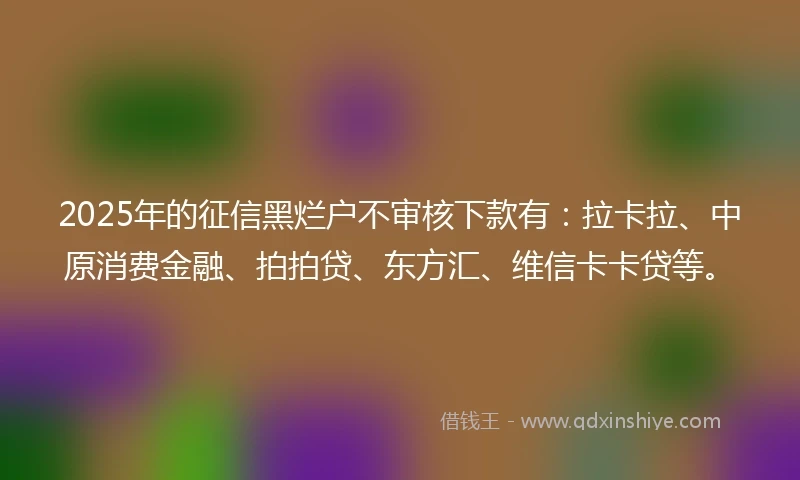 2025年的征信黑烂户不审核下款有：拉卡拉、中原消费金融、拍拍贷、东方汇、维信卡卡贷等。