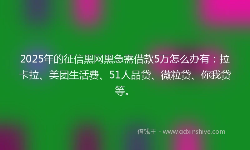 2025年的征信黑网黑急需借款5万怎么办有：拉卡拉、美团生活费、51人品贷、微粒贷、你我贷等。