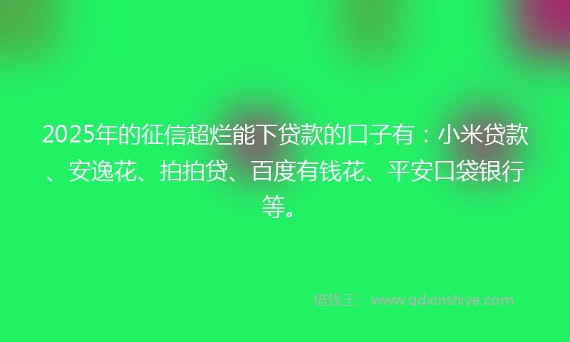 2025年的征信超烂能下贷款的口子有：小米贷款、安逸花、拍拍贷、百度有钱花、平安口袋银行等。