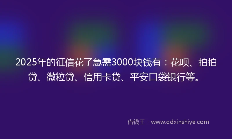 2025年的征信花了急需3000块钱有：花呗、拍拍贷、微粒贷、信用卡贷、平安口袋银行等。