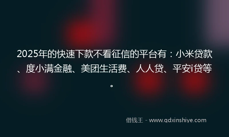 2025年的快速下款不看征信的平台有：小米贷款、度小满金融、美团生活费、人人贷、平安i贷等。