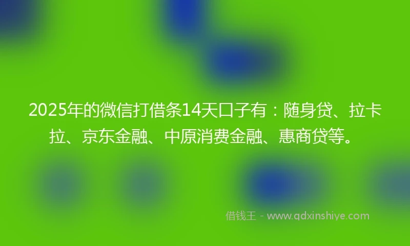 2025年的微信打借条14天口子有：随身贷、拉卡拉、京东金融、中原消费金融、惠商贷等。