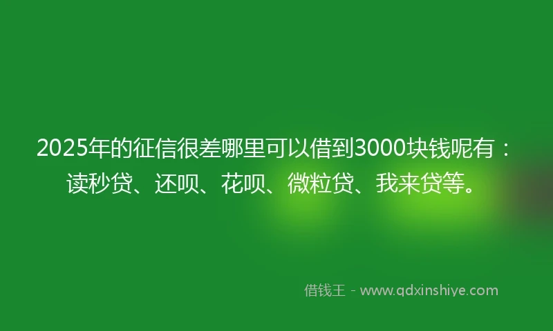 2025年的征信很差哪里可以借到3000块钱呢有：读秒贷、还呗、花呗、微粒贷、我来贷等。