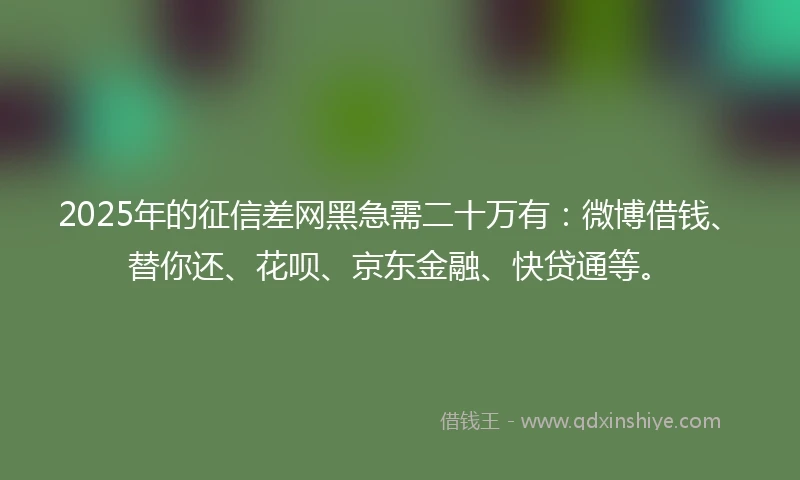 2025年的征信差网黑急需二十万有：微博借钱、替你还、花呗、京东金融、快贷通等。