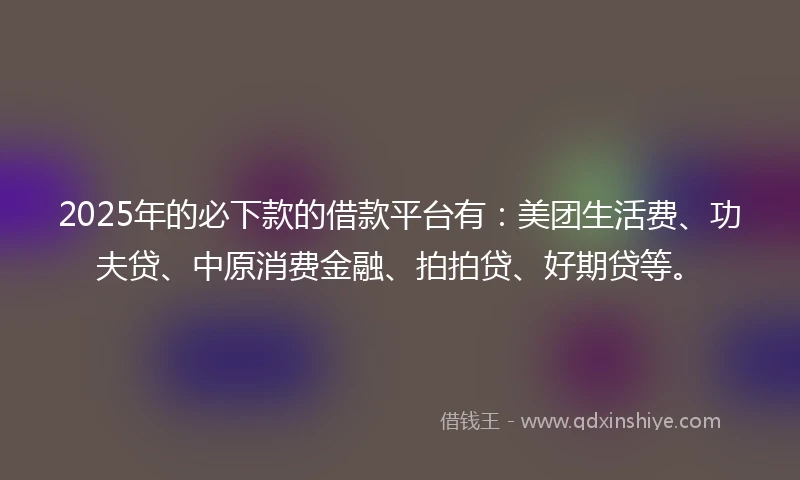 2025年的必下款的借款平台有：美团生活费、功夫贷、中原消费金融、拍拍贷、好期贷等。