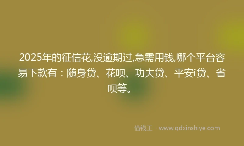 2025年的征信花,没逾期过,急需用钱,哪个平台容易下款有：随身贷、花呗、功夫贷、平安i贷、省呗等。