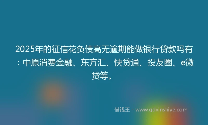 2025年的征信花负债高无逾期能做银行贷款吗有：中原消费金融、东方汇、快贷通、投友圈、e微贷等。