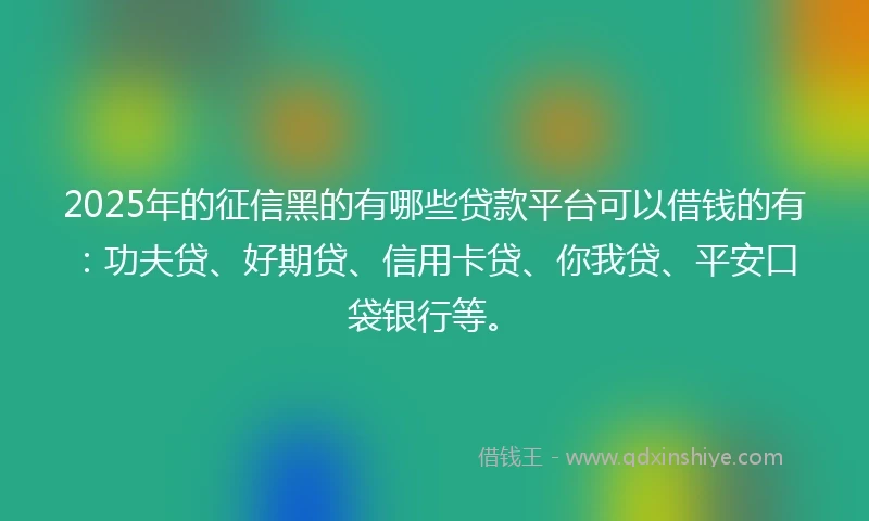 2025年的征信黑的有哪些贷款平台可以借钱的有：功夫贷、好期贷、信用卡贷、你我贷、平安口袋银行等。