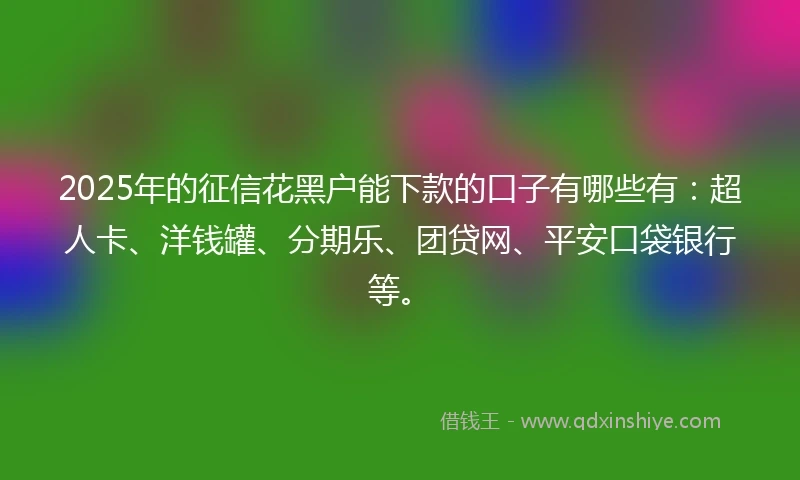 2025年的征信花黑户能下款的口子有哪些有：超人卡、洋钱罐、分期乐、团贷网、平安口袋银行等。