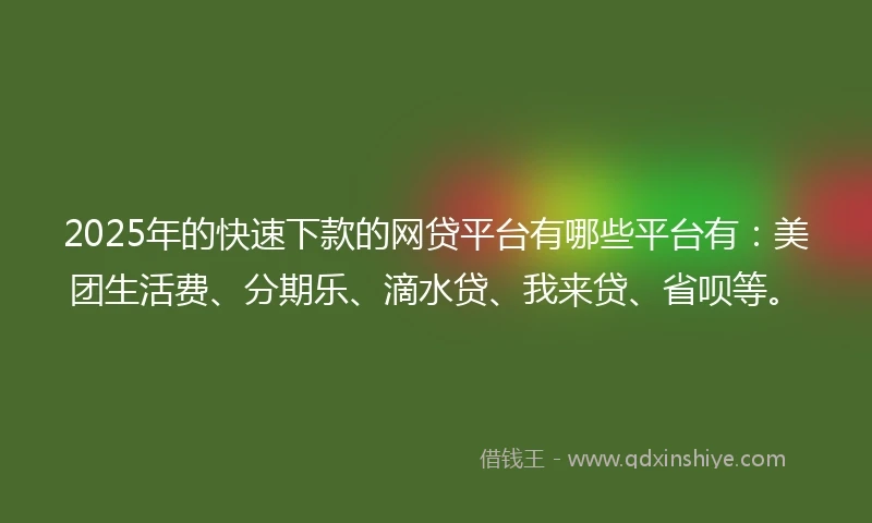 2025年的快速下款的网贷平台有哪些平台有：美团生活费、分期乐、滴水贷、我来贷、省呗等。