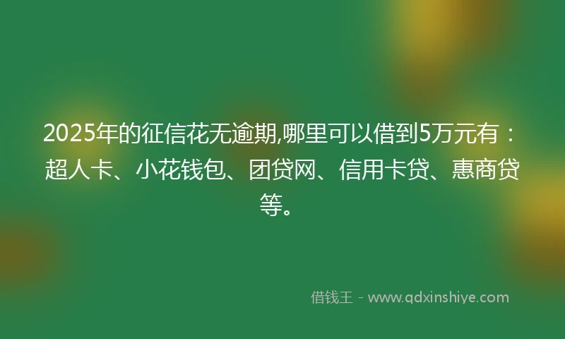 2025年的征信花无逾期,哪里可以借到5万元有：超人卡、小花钱包、团贷网、信用卡贷、惠商贷等。