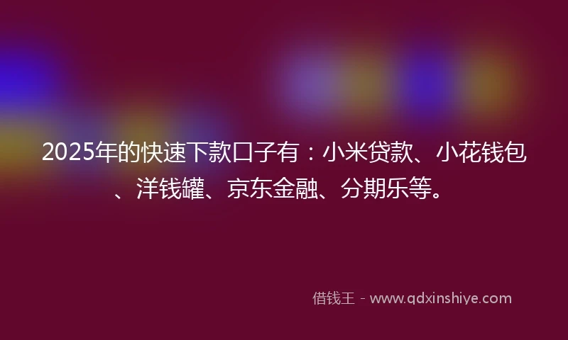 2025年的快速下款口子有：小米贷款、小花钱包、洋钱罐、京东金融、分期乐等。
