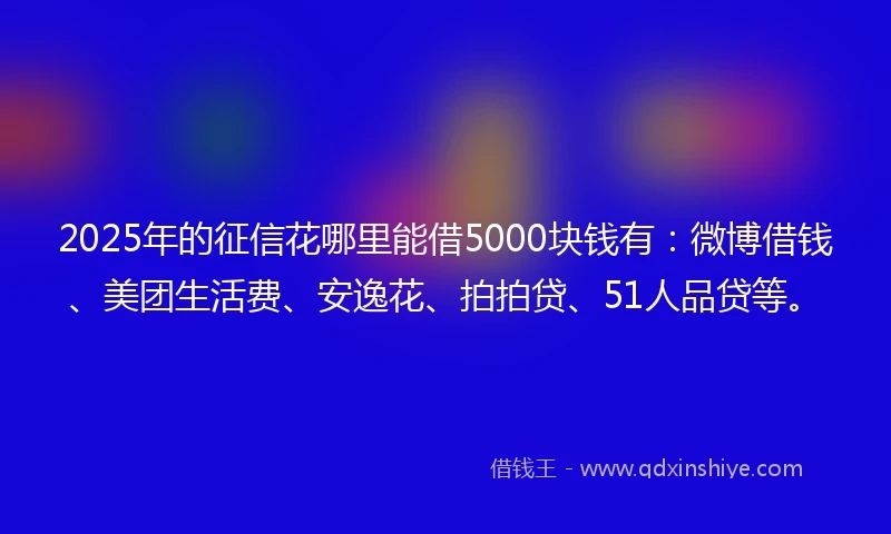 2025年的征信花哪里能借5000块钱有：微博借钱、美团生活费、安逸花、拍拍贷、51人品贷等。