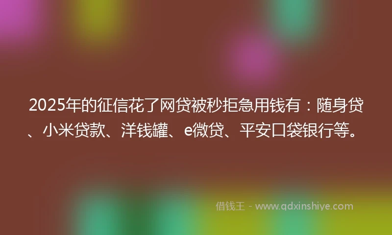 2025年的征信花了网贷被秒拒急用钱有：随身贷、小米贷款、洋钱罐、e微贷、平安口袋银行等。