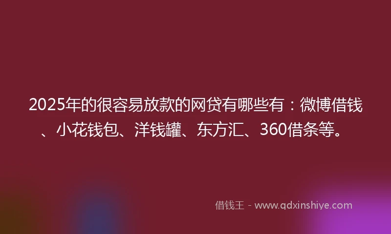 2025年的很容易放款的网贷有哪些有：微博借钱、小花钱包、洋钱罐、东方汇、360借条等。
