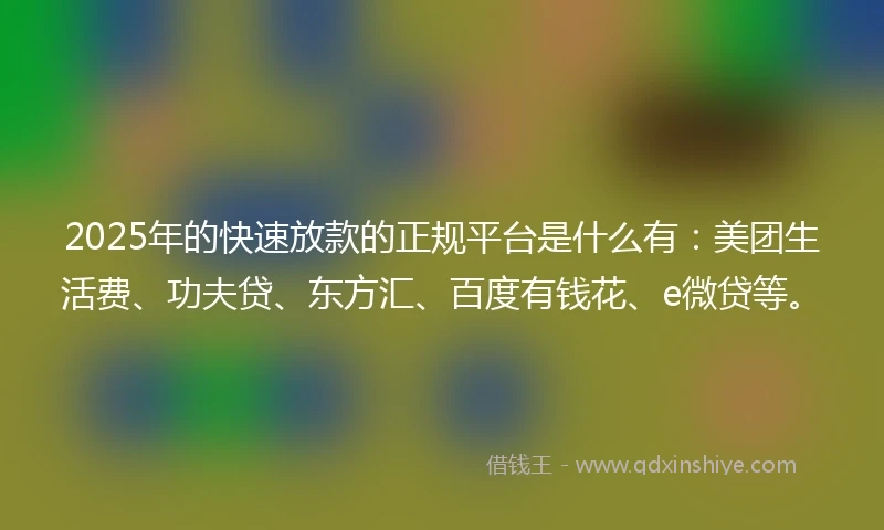 2025年的快速放款的正规平台是什么有：美团生活费、功夫贷、东方汇、百度有钱花、e微贷等。