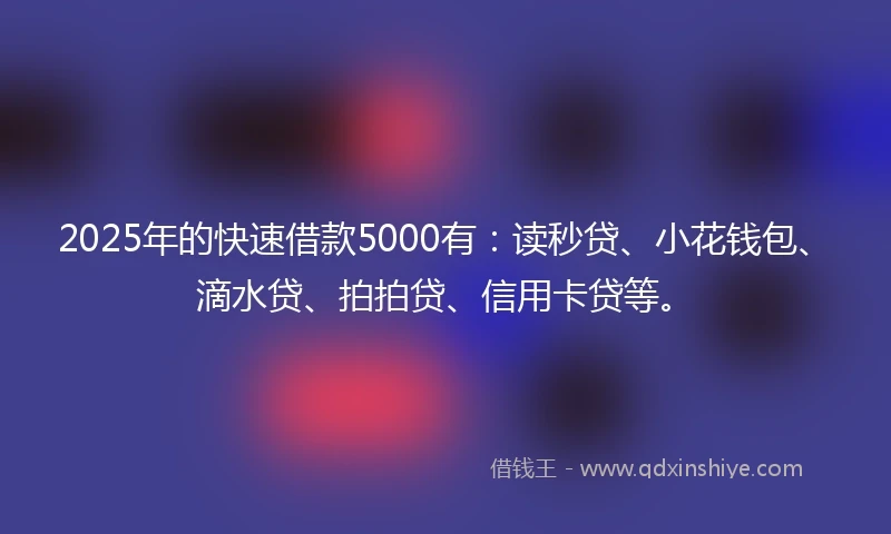 2025年的快速借款5000有：读秒贷、小花钱包、滴水贷、拍拍贷、信用卡贷等。