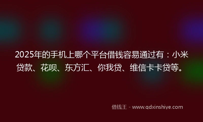 2025年的手机上哪个平台借钱容易通过有：小米贷款、花呗、东方汇、你我贷、维信卡卡贷等。