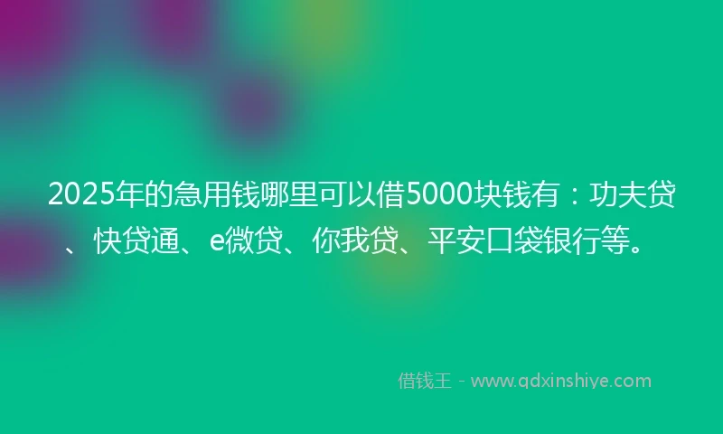 2025年的急用钱哪里可以借5000块钱有：功夫贷、快贷通、e微贷、你我贷、平安口袋银行等。