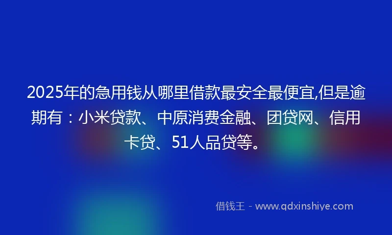 2025年的急用钱从哪里借款最安全最便宜,但是逾期有：小米贷款、中原消费金融、团贷网、信用卡贷、51人品贷等。