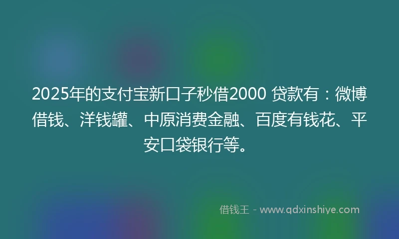 2025年的支付宝新口子秒借2000 贷款有:微博借钱、洋钱罐、中原消费金融、百度有钱花、平安口袋银行等。