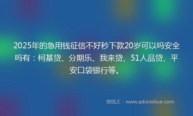 2025年的急用钱征信不好秒下款20岁可以吗安全吗有：柯基贷、分期乐、我来贷、51人品贷、平安口袋银行等。