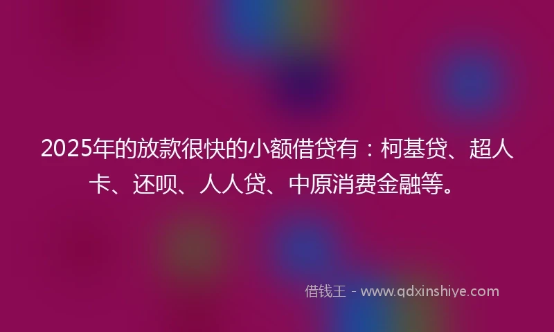 2025年的放款很快的小额借贷有：柯基贷、超人卡、还呗、人人贷、中原消费金融等。