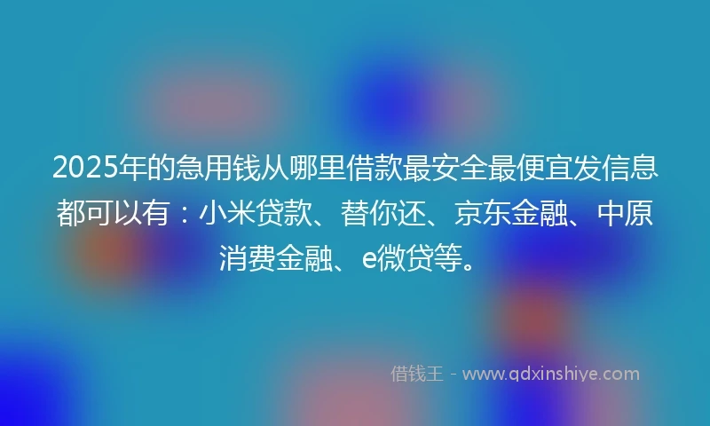 2025年的急用钱从哪里借款最安全最便宜发信息都可以有：小米贷款、替你还、京东金融、中原消费金融、e微贷等。