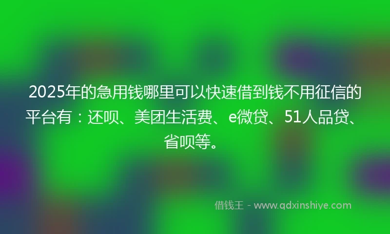 2025年的急用钱哪里可以快速借到钱不用征信的平台有：还呗、美团生活费、e微贷、51人品贷、省呗等。