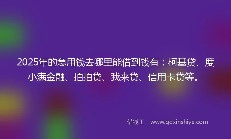 2025年的急用钱去哪里能借到钱有：柯基贷、度小满金融、拍拍贷、我来贷、信用卡贷等。