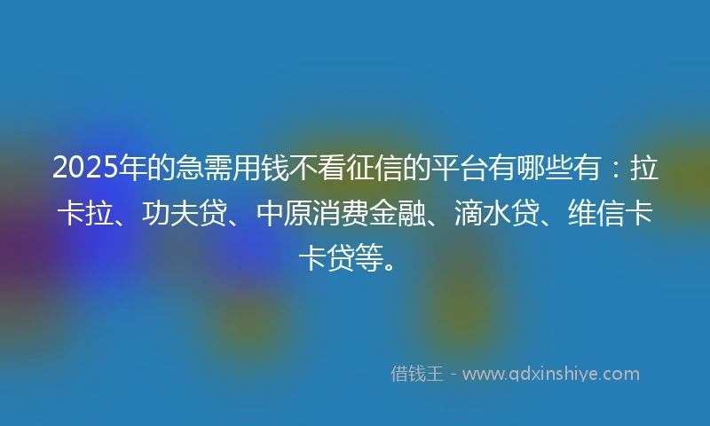 2025年的急需用钱不看征信的平台有哪些有：拉卡拉、功夫贷、中原消费金融、滴水贷、维信卡卡贷等。