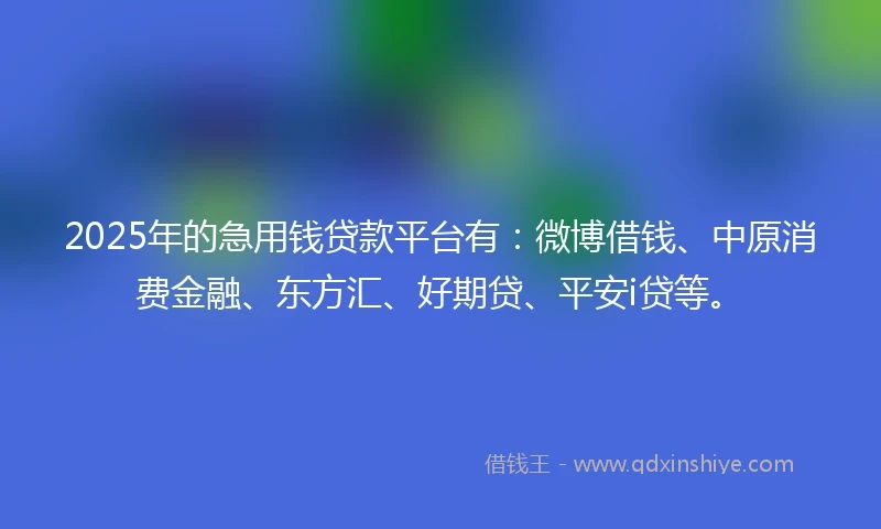 2025年的急用钱贷款平台有:微博借钱、中原消费金融、东方汇、好期贷、平安i贷等。