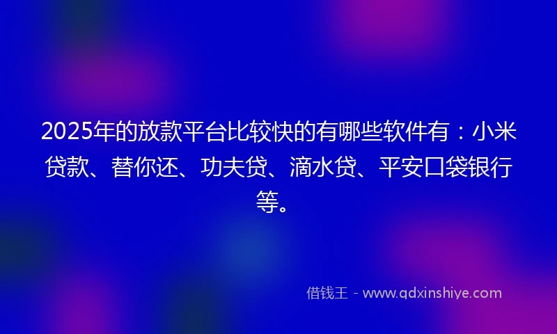 2025年的放款平台比较快的有哪些软件有：小米贷款、替你还、功夫贷、滴水贷、平安口袋银行等。