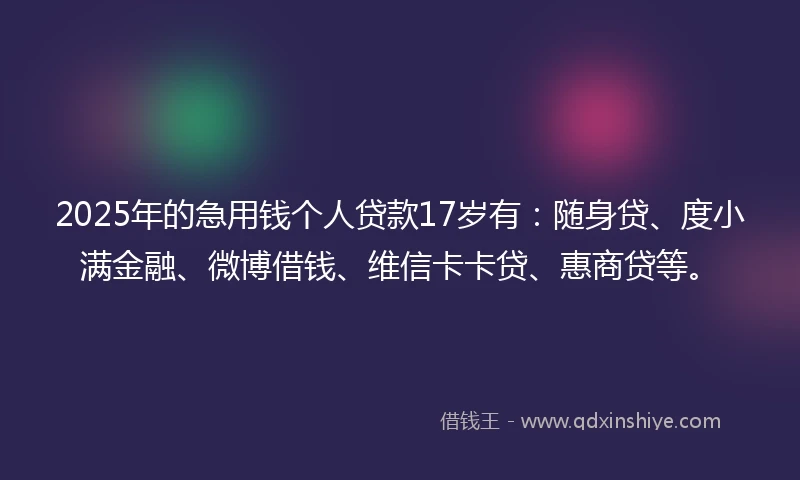 2025年的急用钱个人贷款17岁有：随身贷、度小满金融、微博借钱、维信卡卡贷、惠商贷等。