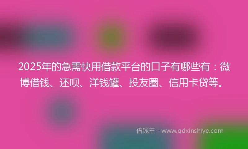 2025年的急需快用借款平台的口子有哪些有：微博借钱、还呗、洋钱罐、投友圈、信用卡贷等。