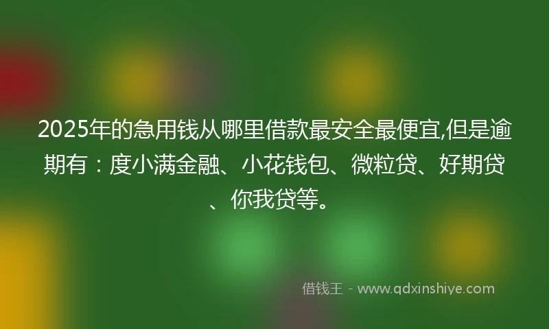 2025年的急用钱从哪里借款最安全最便宜,但是逾期有：度小满金融、小花钱包、微粒贷、好期贷、你我贷等。