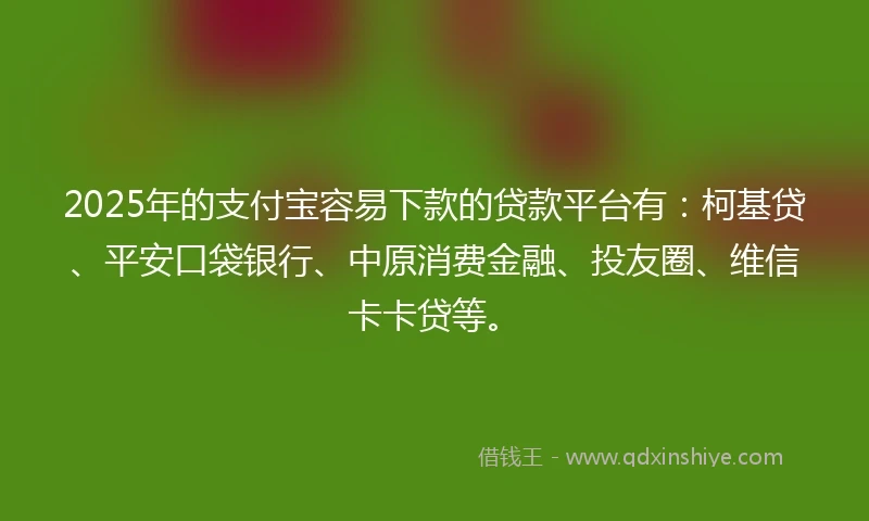 2025年的支付宝容易下款的贷款平台有：柯基贷、平安口袋银行、中原消费金融、投友圈、维信卡卡贷等。