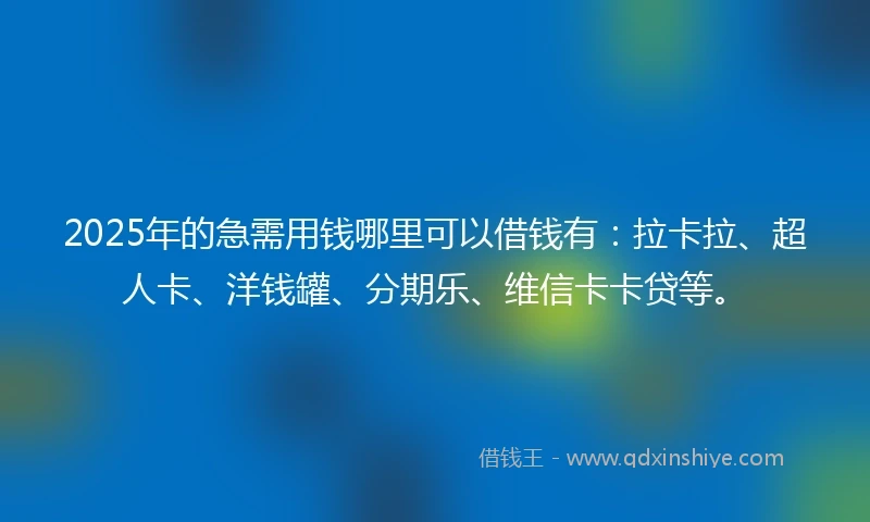 2025年的急需用钱哪里可以借钱有：拉卡拉、超人卡、洋钱罐、分期乐、维信卡卡贷等。