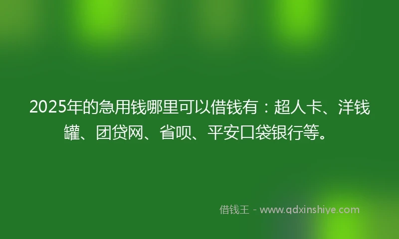 2025年的急用钱哪里可以借钱有：超人卡、洋钱罐、团贷网、省呗、平安口袋银行等。