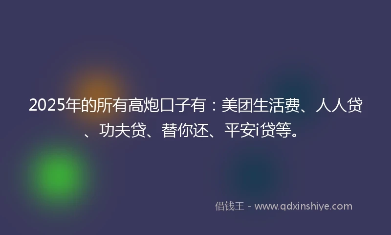2025年的所有高炮口子有：美团生活费、人人贷、功夫贷、替你还、平安i贷等。