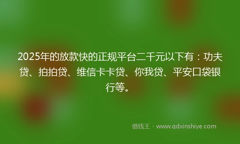2025年的放款快的正规平台二千元以下有：功夫贷、拍拍贷、维信卡卡贷、你我贷、平安口袋银行等。
