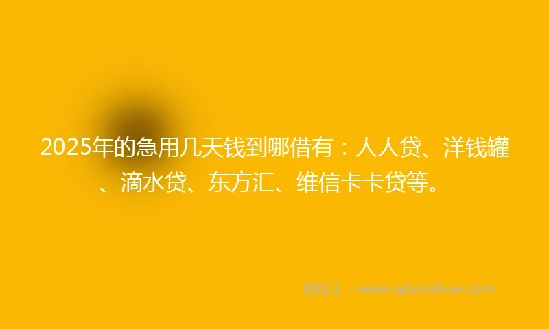 2025年的急用几天钱到哪借有：人人贷、洋钱罐、滴水贷、东方汇、维信卡卡贷等。